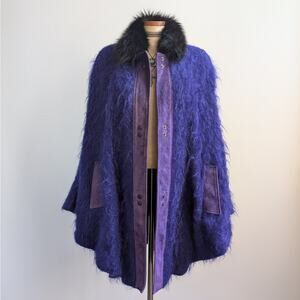 Vintage Purple Suede Mohair Cape Wool Jacket Shag Fur Coat Leather Poncho Medium